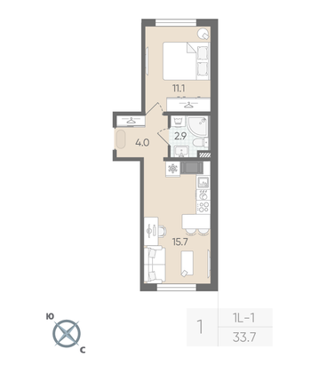 Продажа 1-комнатной квартиры 33,7 м², 2/22 этаж