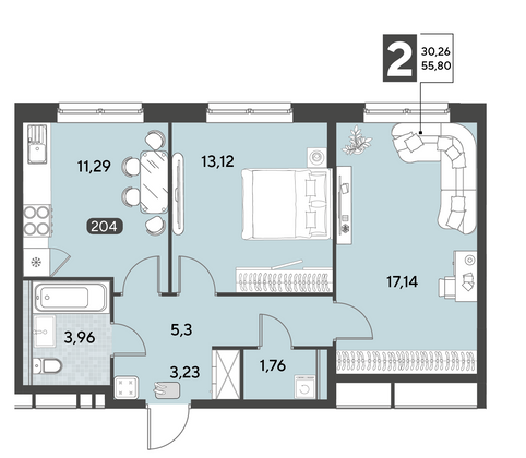 Продажа 2-комнатной квартиры 55,8 м², 3/25 этаж