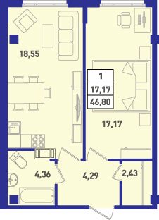 Продажа 1-комнатной квартиры 46,7 м², 5/18 этаж