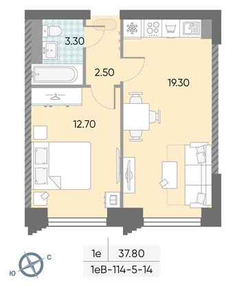 Продажа 1-комнатной квартиры 37,8 м², 6/58 этаж
