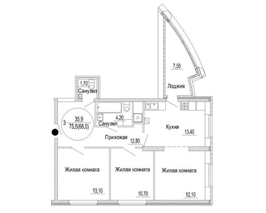 Продажа 3-комнатной квартиры 75,5 м², 8/12 этаж