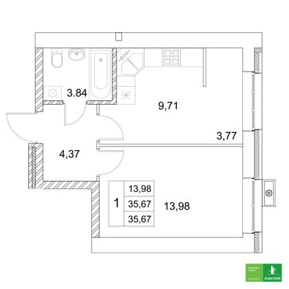 35,7 м², 1-комн. квартира, 2/10 этаж