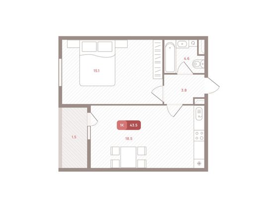 43,5 м², 1-комн. квартира, 2/24 этаж