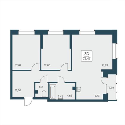 72,5 м², 3-комн. квартира, 10/25 этаж