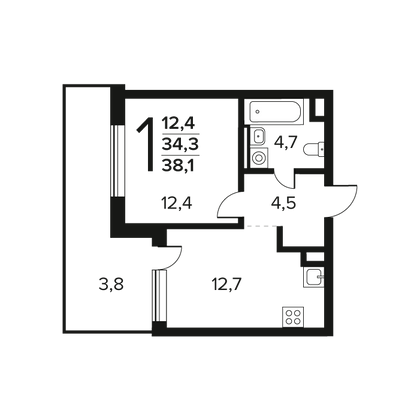 Продажа 1-комнатной квартиры 38,1 м², 1/12 этаж