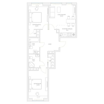 Продажа 3-комнатной квартиры 73,4 м², 2/23 этаж