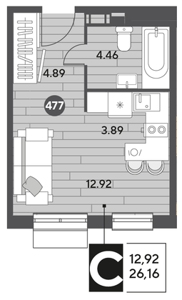 Продажа квартиры-студии 26,2 м², 2/15 этаж