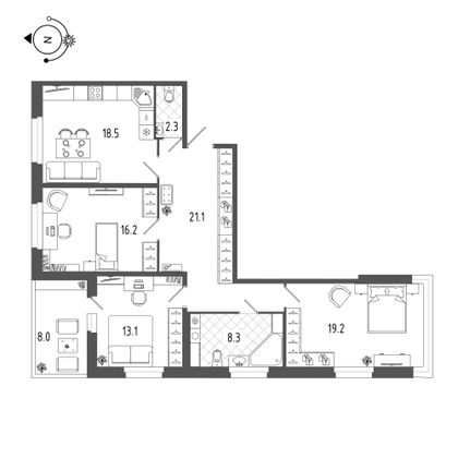 102,7 м², 3-комн. квартира, 3/19 этаж