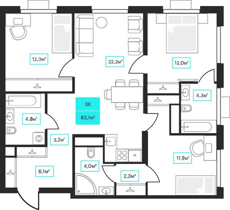 83,1 м², 3-комн. квартира, 14/23 этаж