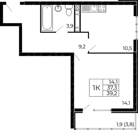 39,2 м², 1-комн. квартира, 17/19 этаж
