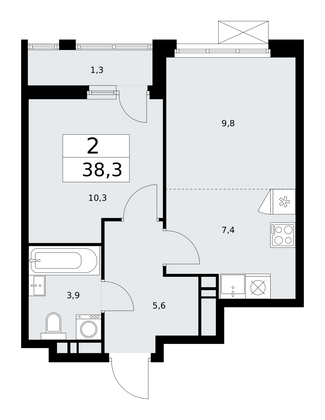 38,3 м², 2-комн. квартира, 17/18 этаж