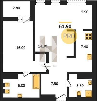 Продажа 1-комнатной квартиры 61,9 м², 14/21 этаж