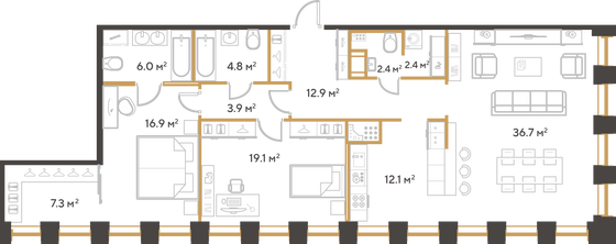 124,5 м², 2-комн. квартира, 7/23 этаж