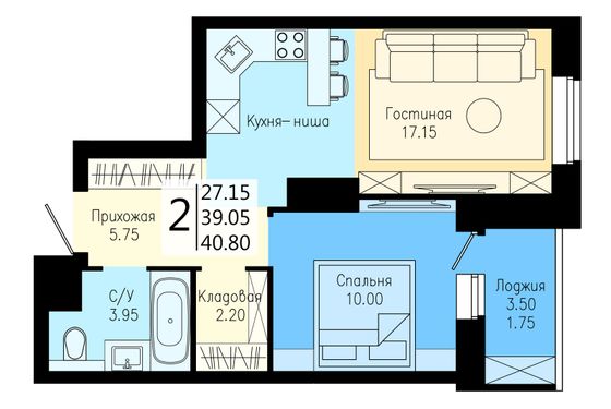 Продажа 2-комнатной квартиры 40,8 м², 2/25 этаж