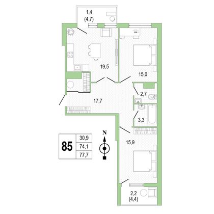 Продажа 2-комнатной квартиры 77,7 м², 7/8 этаж