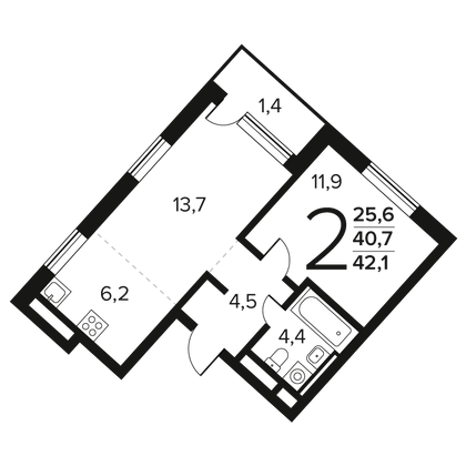 42,1 м², 2-комн. квартира, 7/12 этаж