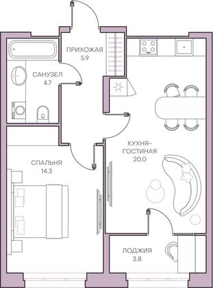 Продажа 1-комнатной квартиры 48,7 м², 5/18 этаж