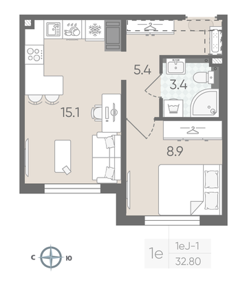 Продажа 1-комнатной квартиры 32,8 м², 13/22 этаж