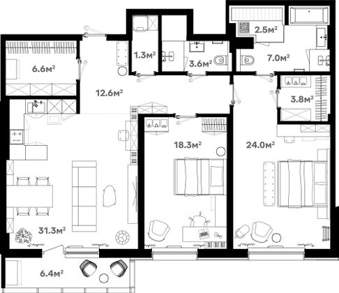 116,8 м², 3-комн. квартира, 8/20 этаж