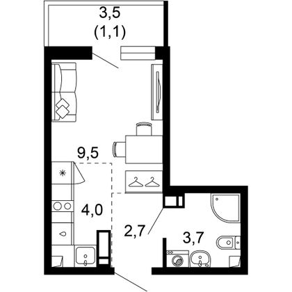 21 м², 1-комн. квартира, 2/17 этаж