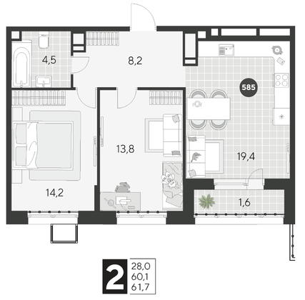 Продажа 2-комнатной квартиры 61,7 м², 18/21 этаж