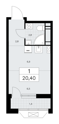 20,4 м², 1-комн. квартира, 15/17 этаж