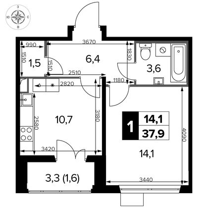 37,9 м², 1-комн. квартира, 12/12 этаж