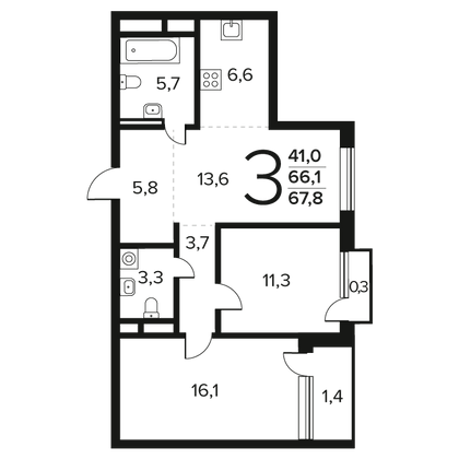 67,8 м², 3-комн. квартира, 3/12 этаж