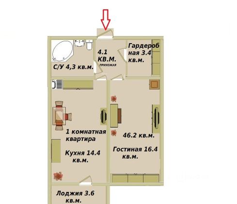 Продажа 1-комнатной квартиры 46,2 м², 11/17 этаж