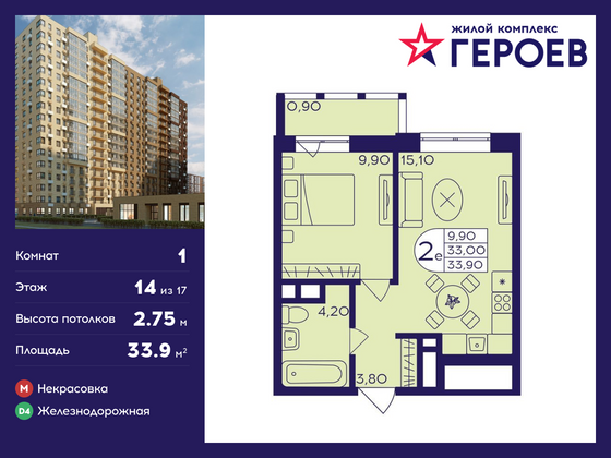 33,9 м², 1-комн. квартира, 14/17 этаж