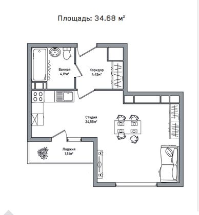 Продажа квартиры-студии 34,7 м², 7/14 этаж