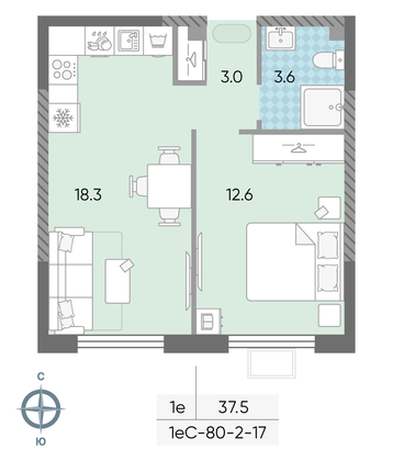 Продажа 1-комнатной квартиры 37,5 м², 12/24 этаж