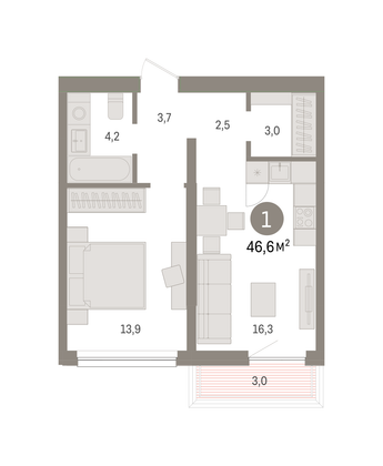 Продажа 1-комнатной квартиры 46,6 м², 4/6 этаж