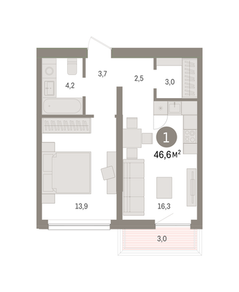 46,6 м², 1-комн. квартира, 4/6 этаж