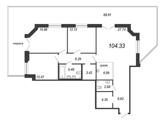 125 м², 4-комн. квартира, 2/12 этаж