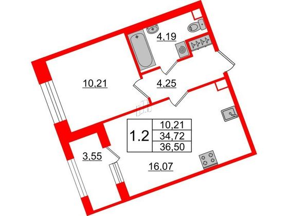 Продажа 1-комнатной квартиры 34,7 м², 2/6 этаж