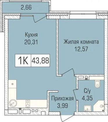 43,9 м², 1-комн. квартира, 4/9 этаж