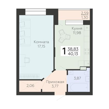 Продажа 1-комнатной квартиры 40,1 м², 4/10 этаж