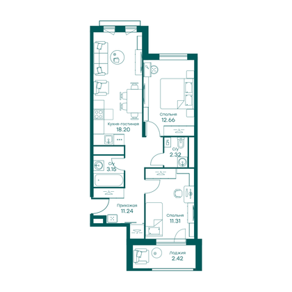 61 м², 3-комн. квартира, 2/5 этаж