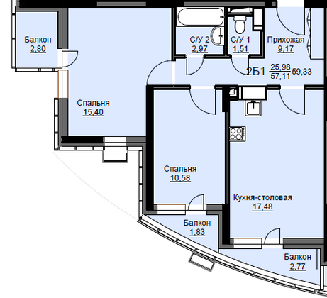 Продажа 2-комнатной квартиры 59,3 м², 6/17 этаж