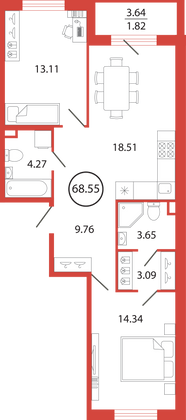 68,6 м², 2-комн. квартира, 2/12 этаж