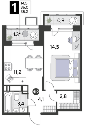 Продажа 1-комнатной квартиры 38,2 м², 18/21 этаж