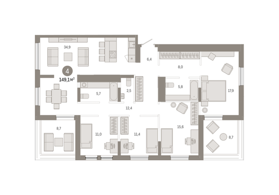 Продажа 4-комнатной квартиры 149,1 м², 15/15 этаж