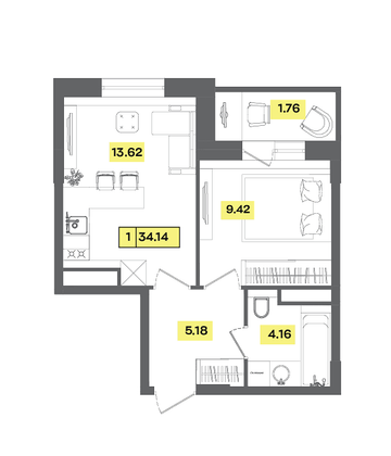 34,1 м², 2-комн. квартира, 2 этаж