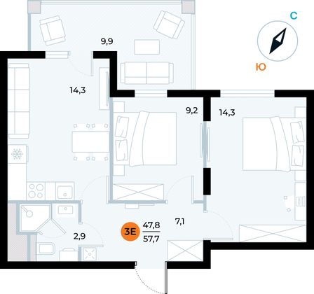 57,7 м², 2-комн. квартира, 6/6 этаж