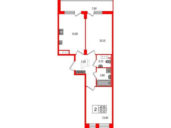 Продажа 2-комнатной квартиры 57,5 м², 10/10 этаж