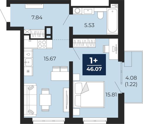 46,1 м², 1-комн. квартира, 6/12 этаж