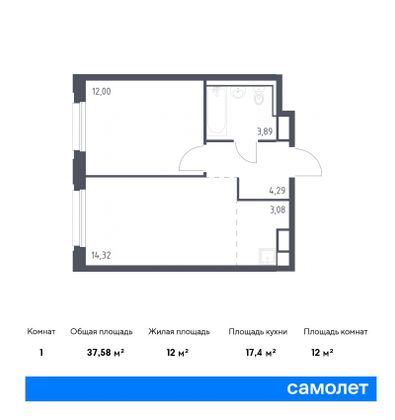 37,6 м², 1-комн. квартира, 8/12 этаж