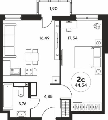44,5 м², 2-комн. квартира, 5 этаж