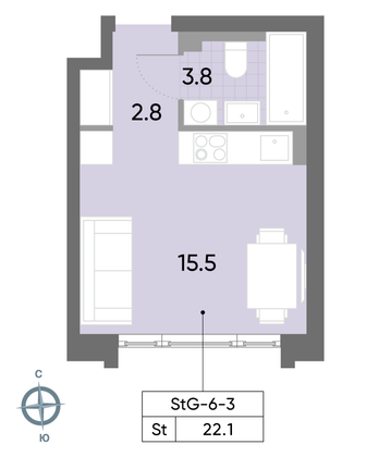 Продажа квартиры-студии 22,1 м², 3/52 этаж